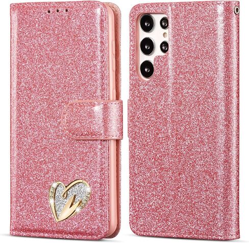 QLTYPRI for Samsung Galaxy S23 Ultra Wallet Case Bling Shiny Glitter Flip Folio Case Full-Body Protective Cover Card Slots Magnetic Closure Kickstand Wrist Strap for Women Girls S23 Ultra Case - Gold in Kuwait