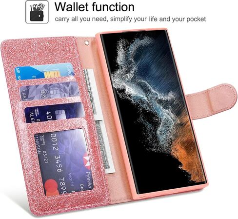QLTYPRI for Samsung Galaxy S23 Ultra Wallet Case Bling Shiny Glitter Flip Folio Case Full-Body Protective Cover Card Slots Magnetic Closure Kickstand Wrist Strap for Women Girls S23 Ultra Case - Gold in Kuwait