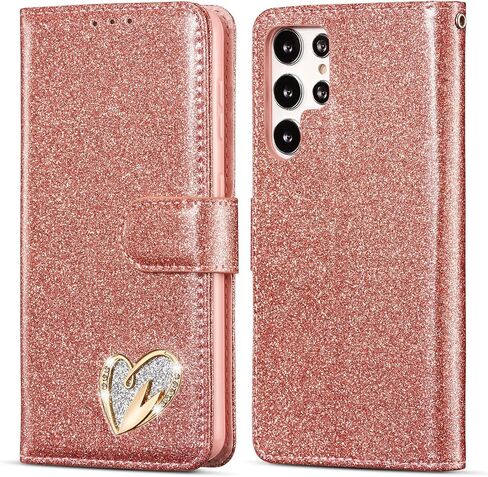 QLTYPRI for Samsung Galaxy S23 Ultra Wallet Case Bling Shiny Glitter Flip Folio Case Full-Body Protective Cover Card Slots Magnetic Closure Kickstand Wrist Strap for Women Girls S23 Ultra Case - Gold in Kuwait