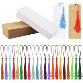120 Pcs Kraft Paper Blank Cardstock Bookmarks, Paper Bookmarks with 100 Pieces Colorful Tassels for DIY Classroom Projects and Gifts Tags