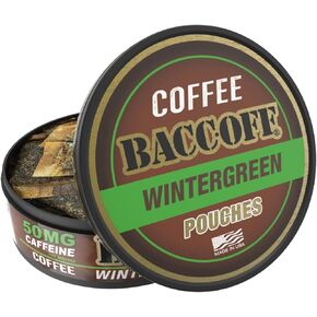 5 Cans, BaccOff Premium Flavored Wintergreen Coffee Pouches with 50 MG of Caffeine Per Serving, No Tobacco Dip, No Nicotine Smokeless Alternative Snuff