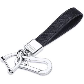 QBUC Genuine Leather Car Keychain,Universal Heavy Duty Metal Key Chain Accessories,Car Fob Key Keychain Holder with 360 Degree Rotatable Snap Swivel and Anti-Lost D-Ring for Men Women(Black)