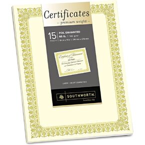 شهادات Southworth CTP1V المميزة، حافة من رقائق الذهب العاجي فلور، 66 رطل، 8.5 × 11، 15/عبوة