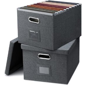 File Organizer Box, Collapsible Storage Filling Box with Lid for Letter Legal Size Hanging Folders Decorative Linen File Folder Box Document Storage Filing Bin, Black 2 Pack