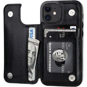 Compatible with iPhone 12 Mini Wallet Case with Card Holder, PU Leather Kickstand Card Slots Case, Double Magnetic Clasp and Durable Shockproof Cover 5.4 Inch(Black)