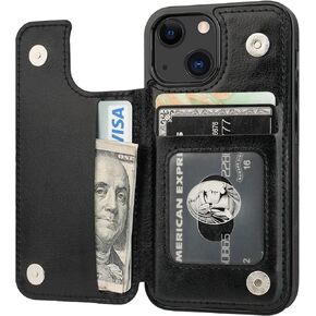Compatible with iPhone 13 Mini Wallet Case with Card Holder, PU Leather Kickstand Card Slots Case, Double Magnetic Clasp and Durable Shockproof Cover 5.4 Inch(Black)
