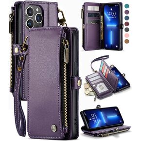 Defencase for iPhone 13 Pro Max Case, RFID Blocking iPhone 13 Pro Max Case Wallet Women Men with Card Holder, Zipper Magnetic Flip PU Leather Protective Cover for iPhone 13 Pro Max Phone Case, Purple