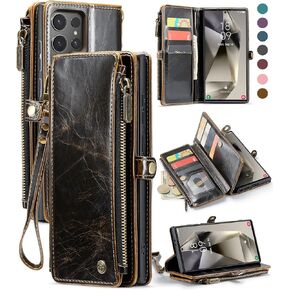 Defencase Compatible with Samsung Galaxy S24 Ultra Case Wallet with RFID Blocking Card Holder for Women Men, PU Leather Magnetic Snap Flip Zipper Strap Phone Case Fit for Galaxy S24 Ultra 5G, Pink