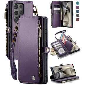 حافظة Defencase لهاتف Samsung Galaxy S24 Ultra، حافظة محفظة RFID Blocking Galaxy S24 Ultra للنساء والرجال، حافظة هاتف من جلد البولي يوريثان بحزام قلاب مغناطيسي وسحاب وحامل بطاقات لهاتف Samsung S24 Ultra 6.8 بوصة، أرجواني
