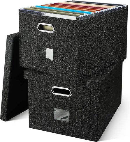 File Organizer Box, Collapsible Storage Filling Box with Lid for Letter Legal Size Hanging Folders Decorative Linen File Folder Box Document Storage Filing Bin, Black 2 Pack in Saudi Arabia