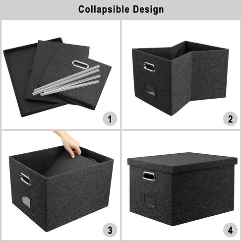 File Organizer Box, Collapsible Storage Filling Box with Lid for Letter Legal Size Hanging Folders Decorative Linen File Folder Box Document Storage Filing Bin, Black 2 Pack in Saudi Arabia