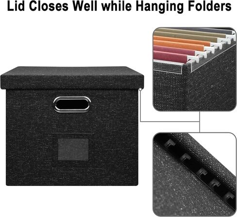 File Organizer Box, Collapsible Storage Filling Box with Lid for Letter Legal Size Hanging Folders Decorative Linen File Folder Box Document Storage Filing Bin, Black 2 Pack in Saudi Arabia