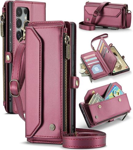 حافظة لهاتف سامسونج S24 الترا مع خاصية حجب RFID لهاتف سامسونج جالاكسي S24 الترا حافظة للنساء والرجال، حافظة هاتف من جلد البولي يوريثان بحزام قلاب مغناطيسي وسحاب وحامل بطاقات لهاتف جالاكسي S24 الترا بنفسجي in Kuwait