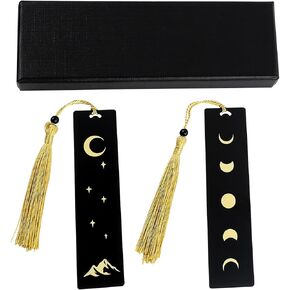 Framendino ، 2 Pack Metal Moon Longmarks with Tassel Night Sky Bookmark Galaxy Book Marks Box for Lovers Advals Gift