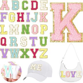 26PCS Chenille Letter Patches Self Adhesive Alphabet Sticker Set for DIY Clothing White Felt Initial Letters Patches with Gold Glitter Border Sew Varsity Letter Patches Stickers for Backpacks Hats