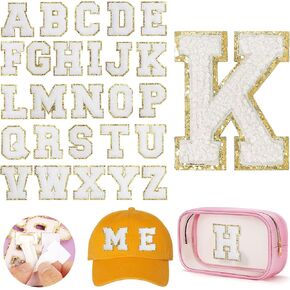 26PCS Chenille Letter Patches Self Adhesive Alphabet Sticker Set for DIY Clothing White Felt Initial Letters Patches with Gold Glitter Border Sew Varsity Letter Patches Stickers for Backpacks Hats in Kuwait