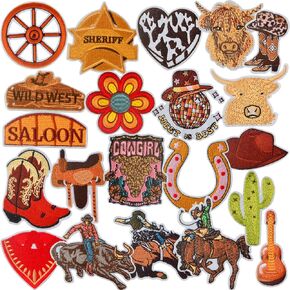 21pcs Western Iron On Patches Cowboy Theme Countryside Horseshoe Hat Boot Embroidered Repair Sew on Patch Accessories for Rodeo Enthusiasts Adventurer T-Shirts Jeans Bags Decor