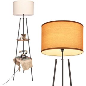Floor Lamp with Shelves - Room Light by Hono Ding - Corner Storage Standing Bookshelf Lamp - Bedroom Light with Wooden Storage Shelves and White Cotton Linen Shade (Black)