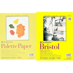 Strathmore 300 Series Palette Paper Pad, Tape Bound, 9x12 inches, 40 Sheets, 41lb/67g & Strathmore 300 Series Bristol Paper Pad, Smooth, Tape Bound, 9x12 inches, 20 Sheets, 100lb/270g