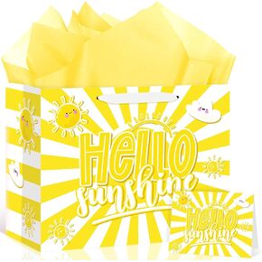 Hello Sunshine Party Supplies Hello Sunshine Gift Bag With Wrapping Paper and Card Large Yellow Sun Birthday Party Wrapping Paper Bag with Handle Goodie Gift Bags for Birthday Baby Showers Decorations