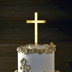 Acrylic Gold Mirror Cross Cake Topper, Baby Shower Baptist Cake Decoration Holy Communion Christening Cross Cake Side Decoration Party Decoration Props Supplies