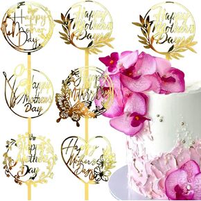 6pcs سعيد أمهات الكعكة أعلى الفراشة زهرة الأم يوم الكب كيك أعلى القبعات الذهب جولة القلب الزهور