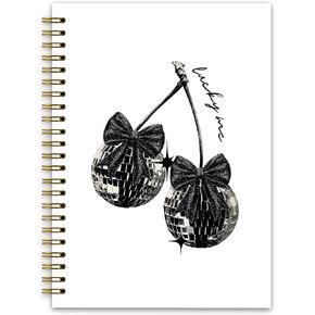 Preppy Funky Cherry Black Bows Notebook, Black Bow Disco Notebook Journal for Teen Girl Work Office School, Office Supplies, Hardcover Spiral Notebook 5.5x8.3