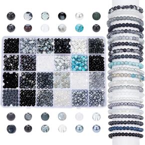 PH Pandahall 768pcs 6 مم من الخرز الزجاجي المستدير ، 24 نمطًا سوارًا أبيضًا أسودًا ، رخام ، فاصل فضفاضة للخرز في هالوين رمضان قلادة ، صنع المجوهرات