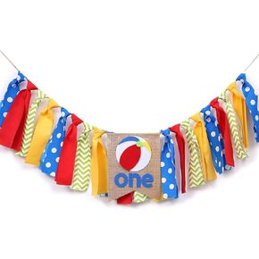 WAWOO Beach Ball Banner for 1st Birthday - Highchair Banner for First Birthday Theme Decoration, Cake Smash Photo Prop, Fabric Rag Garland Banner