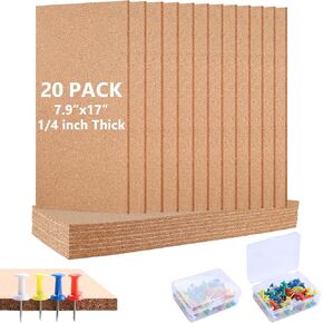 HOMOKUS 20 حزمة لوحة نشرة BULLETIN CORK ، 17 "× 8" ، 1/4 "بلاط لوحة الفلين السميكة ، ديكور جدار الألواح الصخرية مع 100 مساءً مقاطع خشبية دبوس للمدرسة