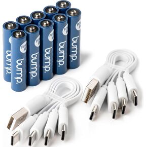 BUMP AA USB-C Rechargeable NiMH Batteries - 10 Pack - Sustainable & Cost-Effective Alternative to Lithium Ion - Fast Charging, Long-Lasting Power - Charger Cable Included