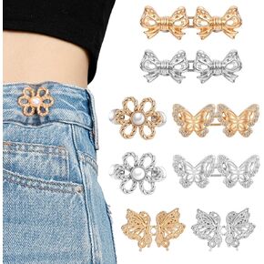 8 Sets Pant Waist Tightener, 4 Style Jean Buttons for Loose Jeans, Adjustable Waist Buckle Set No Sewing Required Pants Clips Tightening Waistband Tightener for Pants Jeans Skirts Accessories