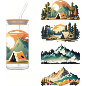 4pcs Mountain & Camping Themed UV DTF Cup Wraps Winter UV DTF Transfer Waterproof Sticker for Glass Cups Furniture Craft DIY Crafts，Rub on Transfer Stickers for DIY Water Bottle Laptop Decal Wood Car in Saudi Arabia