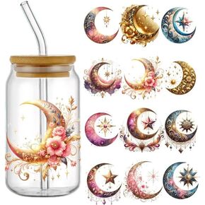 4pcs القمر السحري UV DTF Cup لفات نقل ملصق مقاوم للماء للكؤوس الزجاجية الأثاث الحرفي DIY ， فرك على ملصقات النقل لمياه ماء زجاجة المحمول شارات الخشب