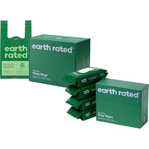 Earth Rated Dog Walking Essentials Bundle - Includes 600 Dog Waste Bags with Handles and 400 Dog Grooming Wipes, Lavender-Scented