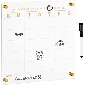 mDesign Modern Acrylic Calendar for Wall with Dry Erase Marker - Wall Mount Monthly Planner Board for Home, Office, Kitchen - 11.81" Square - Clear/Gold Print with Gold Finish Mounting Hardware