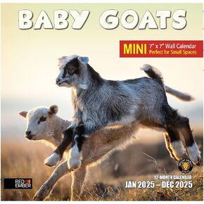 RED EMBER Baby Goats Mini 2025 Wall Calendar 12 Month | 7" x 14" Open | Thick & Sturdy Paper | Giftable | Calendar 2025