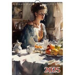 2025 Wall Calendar [12 pages 8"x12"] Beautiful Women Eating Elegant Breakfast on Sunny Mornings Vintage Book Illustration Poster