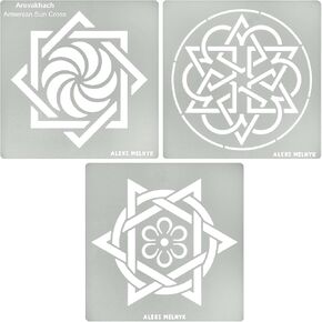 Aleks Melnyk No.514 Metal Stencils, Arevakhach, Armenian Sun Cross, Armenian Wheel of Eternity, Hexagram, Small Stencils, 3 PCS, Templates for Wood Burning, Engraving, Crafting, Scrapbook, Art, Ornate