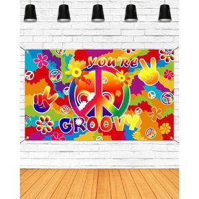 Mocsicka Groovy Happy Birthday Banner - 60's Hippie Theme Party Background - Rainbow, 70.8x43.3 Inch