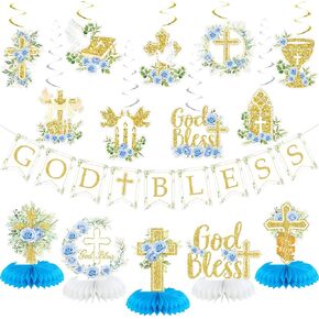 زخارف المعمودية الزرقاء ، بريق بارك بارك بارك لافتة شنقا دوامات قرص العسل المركزية لاستشارات الطفل الأولى بالتواصل ، لوازم الحفلات المعمودية in Kuwait