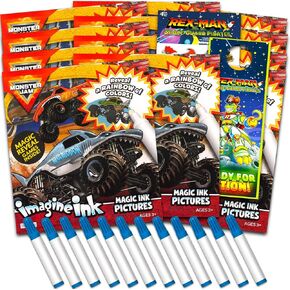 Monster Jam تخيل كتاب تلوين الحبر مجموعة للأطفال - 12 حزمة No -Mess Magic Ink Monster Jam Monster Truck Colling Books مع ملصقات Barn Bots وشماعات الأبواب (Monster Jam Racing Party Bundle)