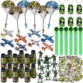 Shinyrelief 102 PCS Army Birthday Party Decorities Army Camo Party Forms Favors Camouflage Parachute Telscopes Camo Camo Bubble Wands Plider Planes for Movelage Military Home Gift Bag