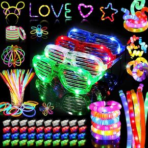 150 PCS Glow in the Dark Party Supplies ، 24 مصابيح إصبع ، 6 عصابات رأس ، 6 أنابيب إضاءة ، 14 نظارة LED ، 100 عصي توهج لحفلات النيون ، حفل زفاف ، عيد ميلاد ، حفل جديد ، رأس السنة ، الكرنفالات ، الهزائم