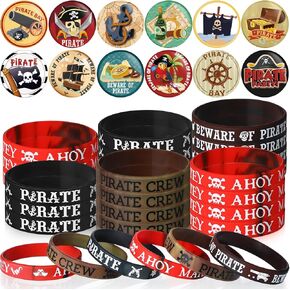 Capoda 60 Pcs Pirate Party Decorations Include 30 Pirate Rubber Bracelets and 30 Pirate Button Pins Badges for Birthday Adventure Carnival Pirate Party Favors Supplies Halloween Costume