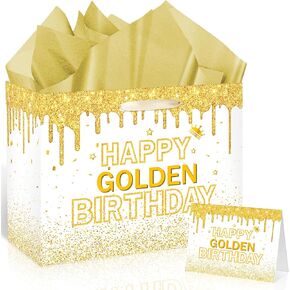 Happy Golden Birthday Gift Bag Gold Glitter Griter Decorations إنها حقيبة ورق التغليف من عصرها الذهبي للنساء الـ 21 24th 25th Formth Party Supplies Supplies