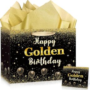 Happy Golden Birthday Gift Bag Gold Glitter Griter Decorations إنها حقيبة ورق التغليف من عصرها الذهبي للنساء الـ 21 24th 25th Formth Party Supplies Supplies in Kuwait