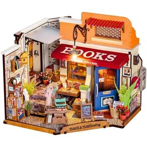 ROBOTIME DIY Miniature House Kit Mini Corner Bookstore Tiny House Making Kit with LED Wooden Craft Diorama Kit Decorative Hobby Unique Gift