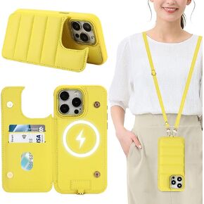 Crossbody Flip Case for iPhone 12/12 Pro ، غطاء هاتف Pu Pufer منتفخ منتفخ منتفخة مع حامل بطاقة حظر RFID ، Kickstand ، متوافق مع شحن Magsafe اللاسلكي ، الأصفر