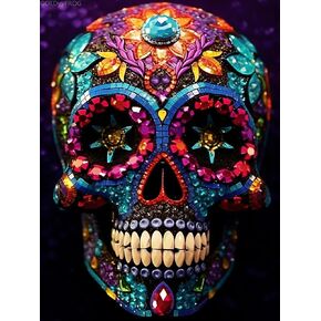 Goldyyyfrog 5D Skull Flower Plate Painting Kits للبالغين المبتدئين ، Day of the Dead Sugar Skull DIY مثقاب جولة كاملة من أدوات الفنون والحرف اليدوية للهدية ديكور الجدار المنزلي 12x16 بوصة